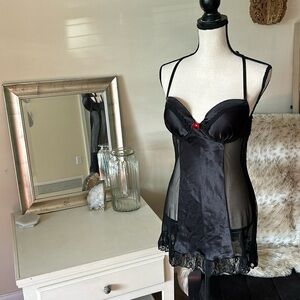Black satin sheer mesh ruffle sexy goth vamp maid nighty slip mini dress M​​​​